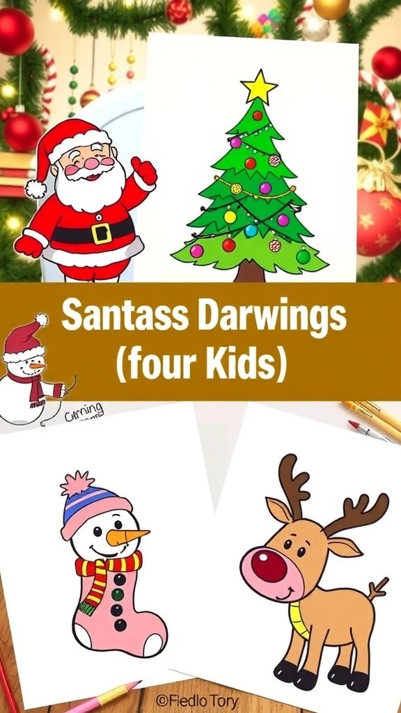 Easy Christmas Drawings for Kids A variety of easy Christmas drawings for kids including Santa, a Christmas tree, a snowman, a stocking, and a reindeer.